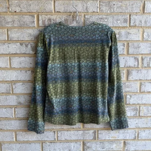 Woolrich Long Sleeve V-Neck Green/Blue Abstract Stripe Cotton Shirt Size M - Picture 2 of 8